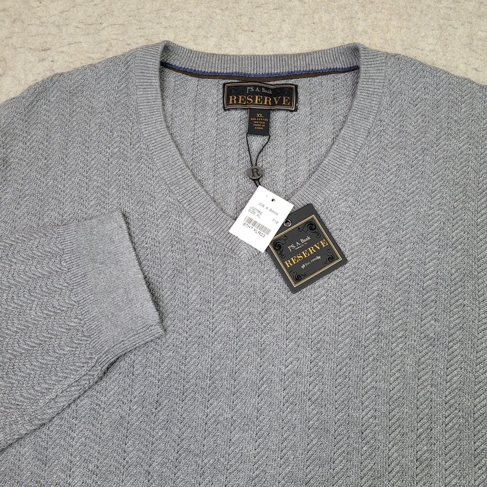 Jos A Bank Reserve Silk Blend Herringbone Pullover Mens XL Gray Sweater V‎ Neck